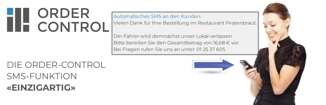 Order-Control-Banner zur automatischen SMS-Benachrichtigung mit Kundin am Smartphone