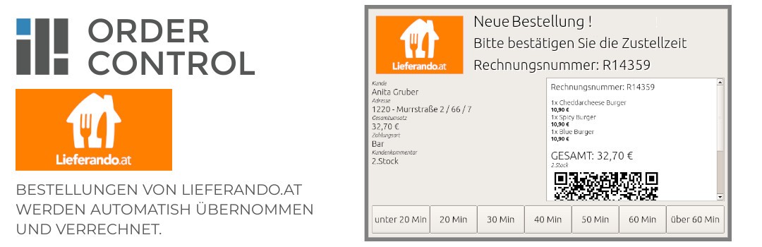 Order-Control-Banner mit Lieferando-Logo und Dialog zur Übernahme einer eingegangenen Bestellung
