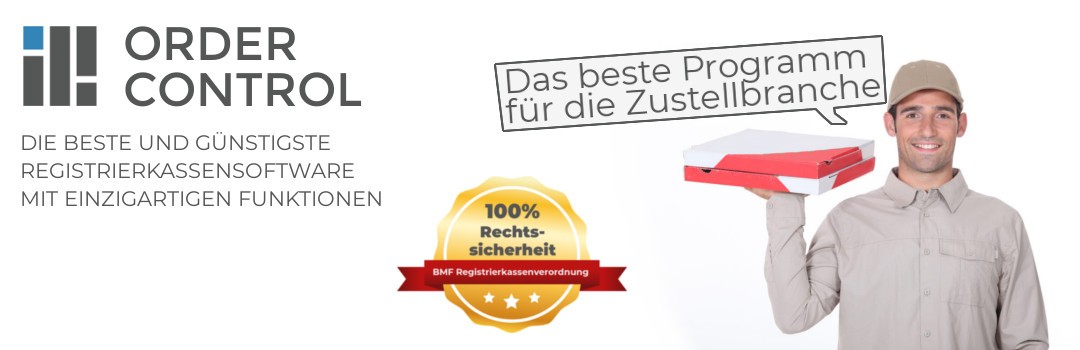 Order-Control-Werbebanner für die Zustellbranche mit Pizzazusteller, Registrierkassenlogo und Rechtssicherheits-Siegel