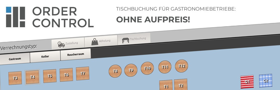 Order-Control-Banner zur Tischbuchung mit nummerierten Tischen und dem Hinweis „Ohne Aufpreis“